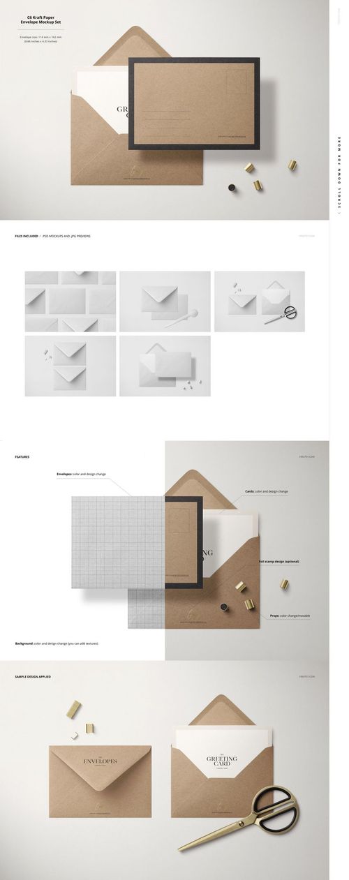 Envelopes and cards mockup shown in various arrangements, with neutral tones and minimal props on a clean surface.