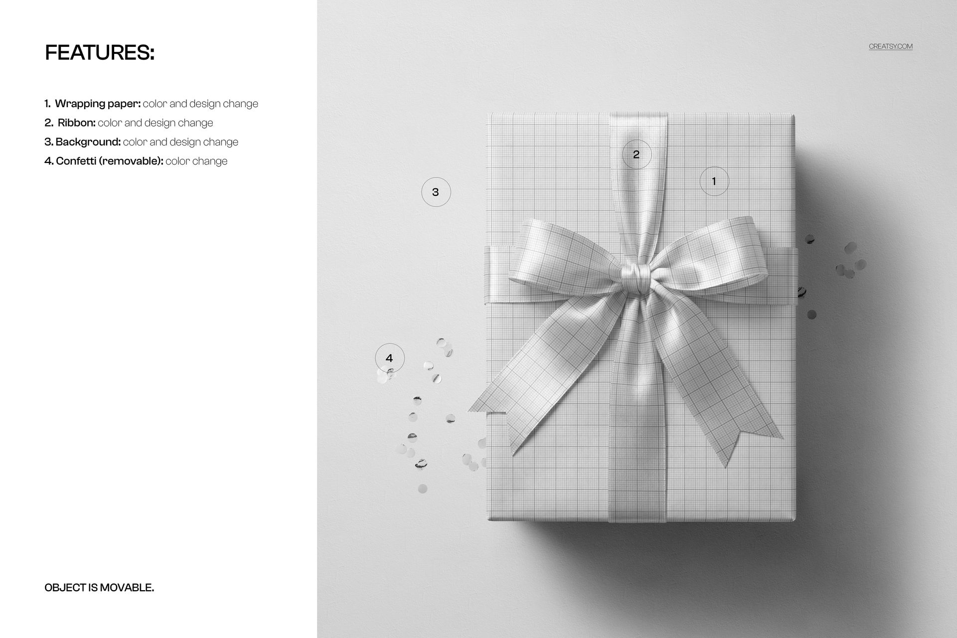 PSD mockup of a gift box featuring white wrapping paper with a grid pattern and a satin ribbon, top-down perspective.