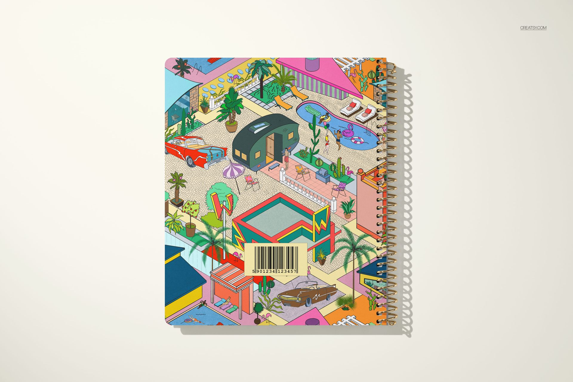 Square-shaped weekly and monthly planner mockup with vibrant cityscape artwork and spiral binding on a light background.