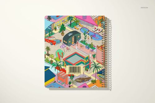 Square-shaped weekly and monthly planner mockup with vibrant cityscape artwork and spiral binding on a light background.