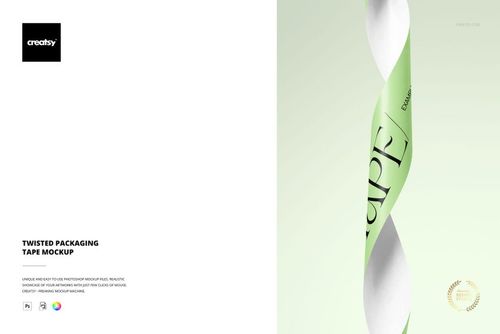 Twisted packaging tape in green and white colors displayed vertically on a light background, front view mockup.