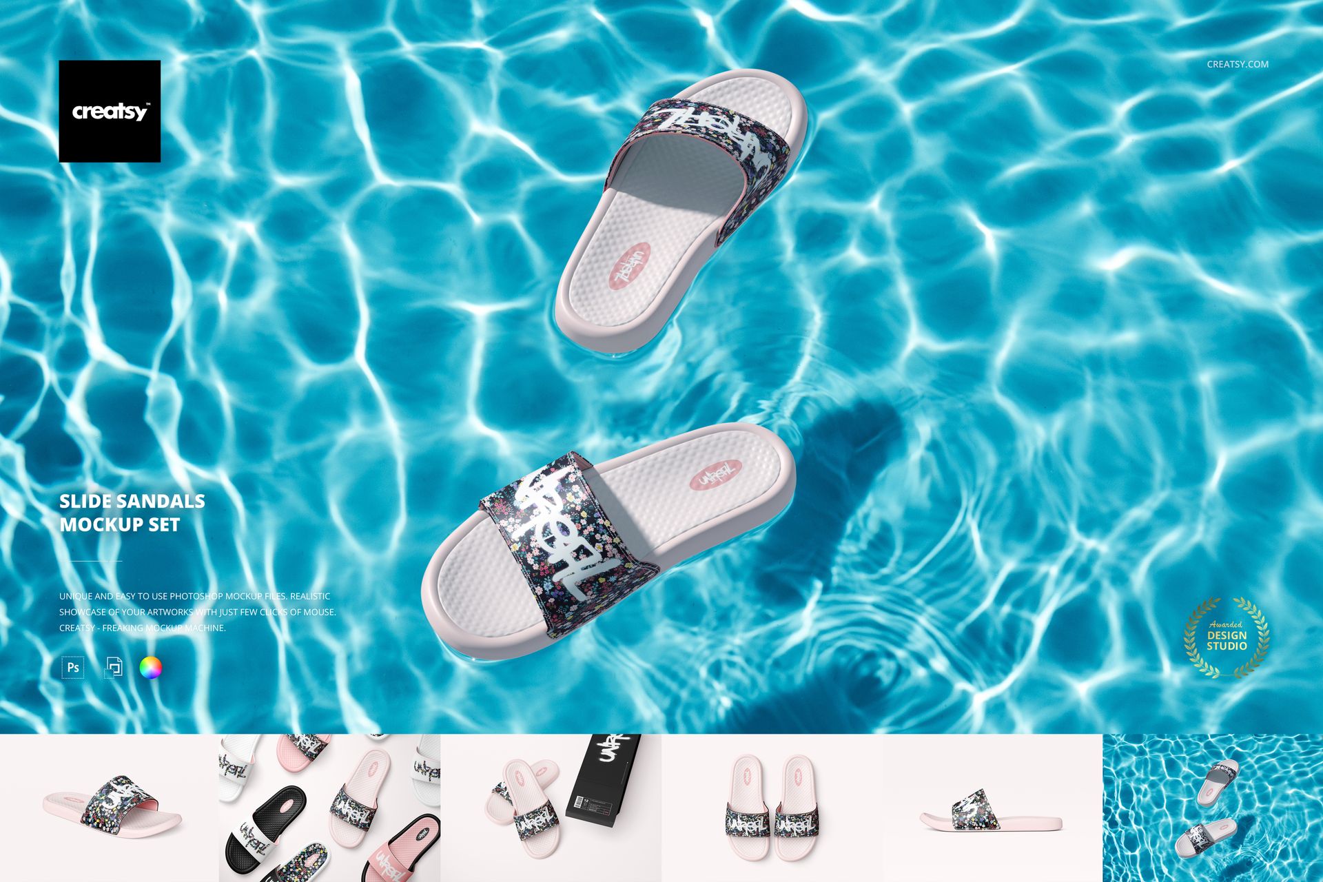 Two slide sandals with patterned straps floating above a sunlit blue pool, shown from a top view in a mockup set.