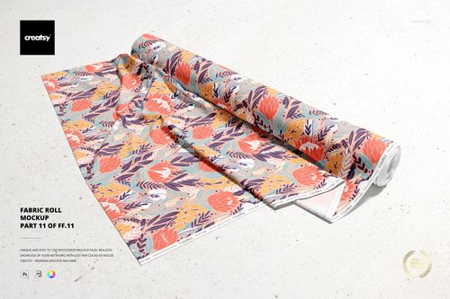 Front view of a colorful fabric roll mockup with floral and leaf patterns, displayed on a light textured surface.