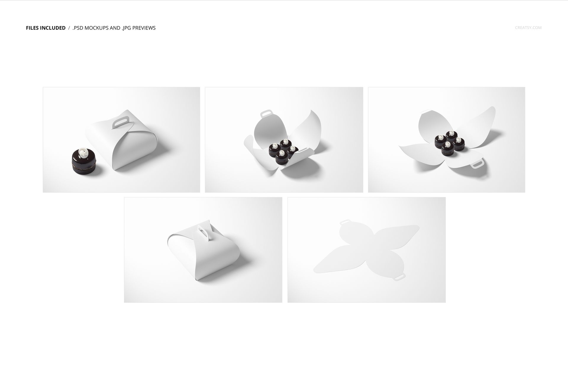 Curved cake box mockup set showing five white boxes in various open and closed positions on a plain background.