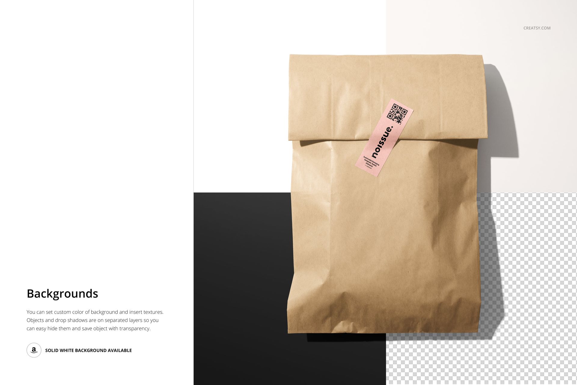 Paper bag mockup featuring a kraft bag sealed with a pink sticker, placed against a divided monochrome background.