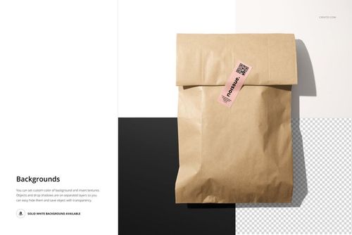 Paper bag mockup featuring a kraft bag sealed with a pink sticker, placed against a divided monochrome background.