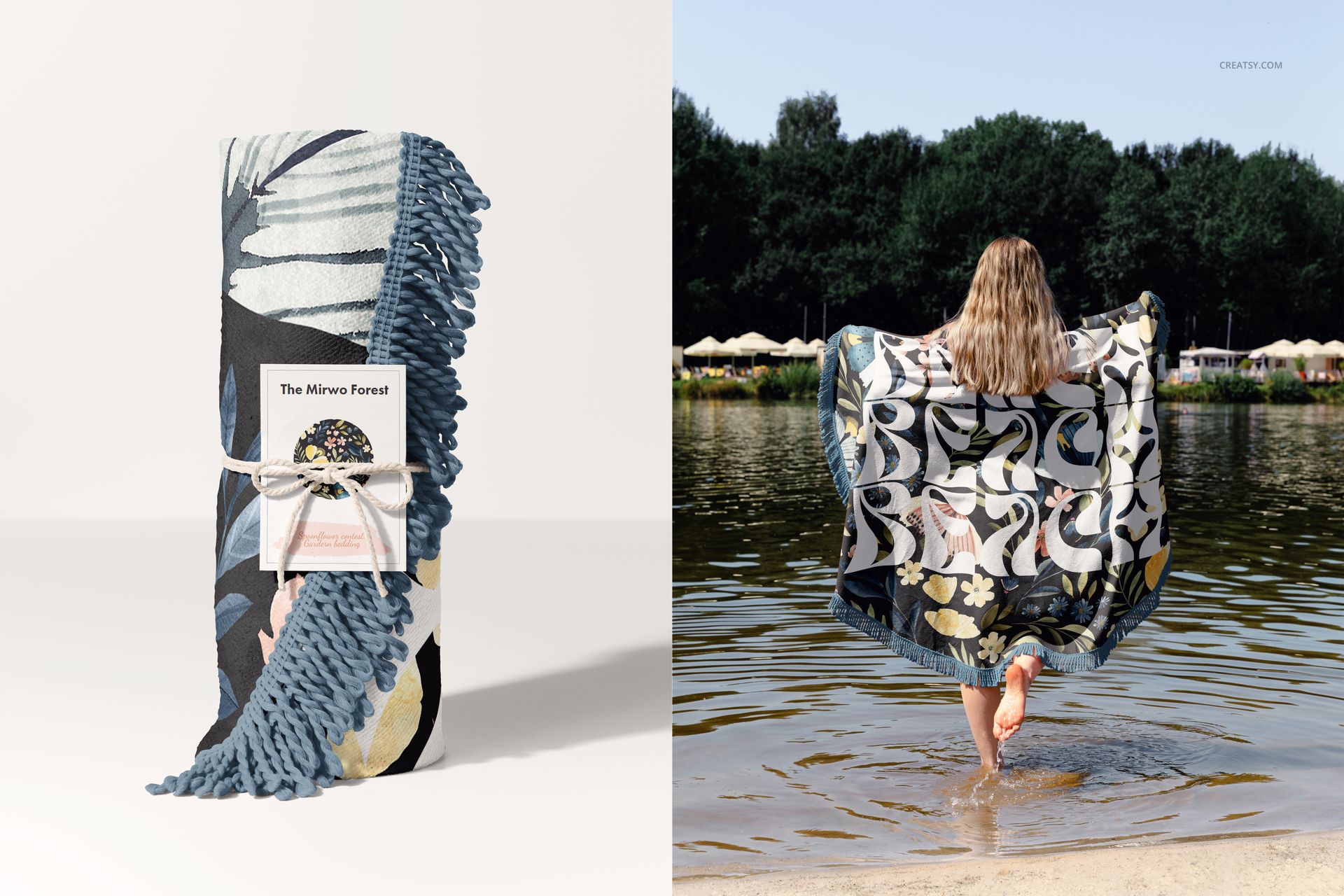 PSD mockup of a round fringed towel with blue and yellow botanical pattern, shown rolled and draped by a lakeside scene.