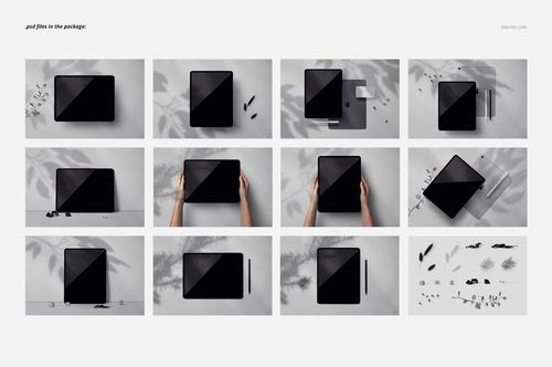 Set of iPad Pro mockups displayed in various arrangements, featuring front and top views with accessories and hands.