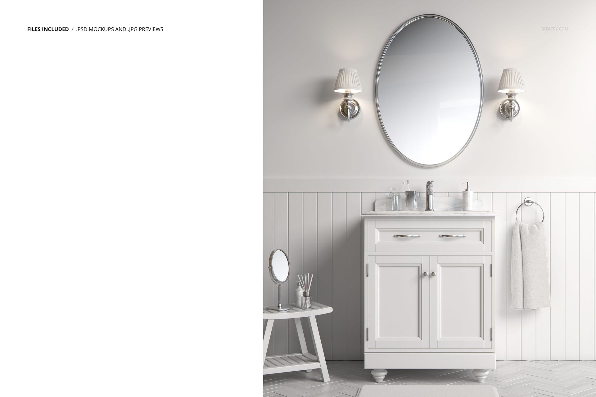PSD mockup showing a traditional bathroom vanity with white cabinetry, decorative lighting, and a tabletop mirror.