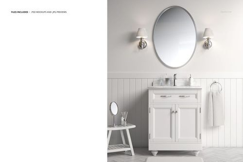 PSD mockup showing a traditional bathroom vanity with white cabinetry, decorative lighting, and a tabletop mirror.