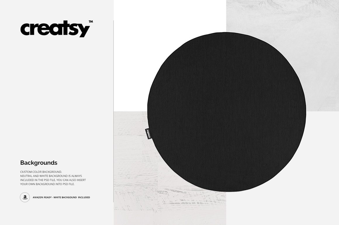 Circular dobby rug mockup in black, shown from above against a minimalist white and gray textured background.