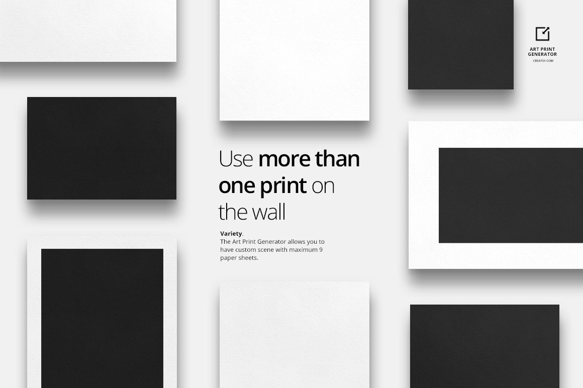 Mockup set featuring nine paper sheets in black and white, organized in a grid pattern on a pale surface.