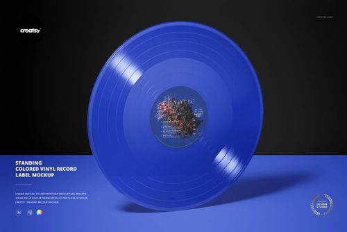 Blue vinyl record with a central label displayed upright against a dark background, showcasing a music-themed mockup.