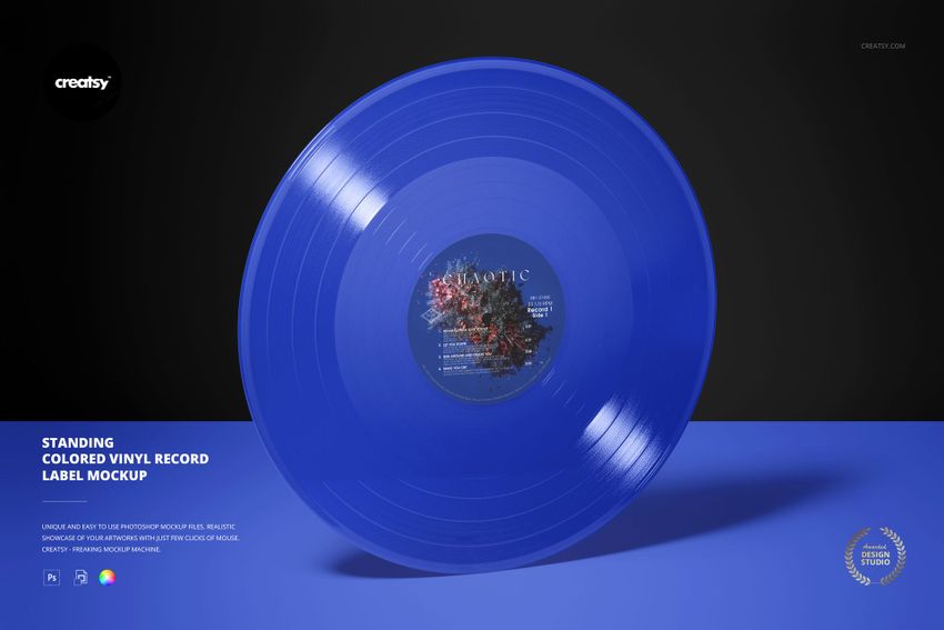 Blue vinyl record with a central label displayed upright against a dark background, showcasing a music-themed mockup.