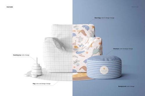 Nursery canvas bean bag mockup with playful animal patterns, ottoman, stacking toy, and rug on a blue background.