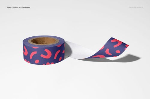 Mockup of a packing tape roll featuring a bold purple and pink abstract design, partially unrolled on a plain background.