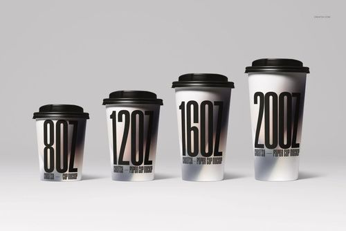 PSD mockup showing four drinkware paper cups in different sizes, arranged side by side with white and gray tones.