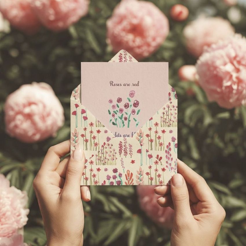 Person holding an open envelope and card mockup featuring floral designs, set against lush pink peony flowers outdoors.