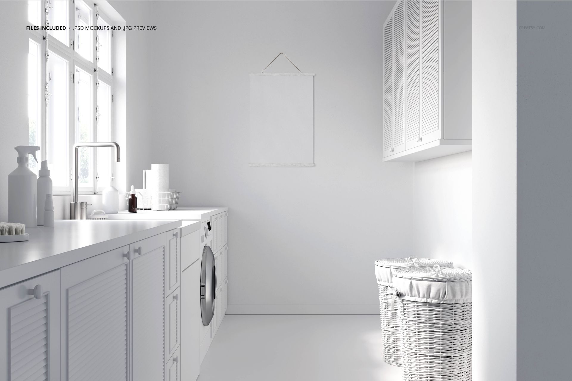Laundry room PSD mockup featuring white cabinetry, two wicker baskets, and a hanging blank canvas near large windows.