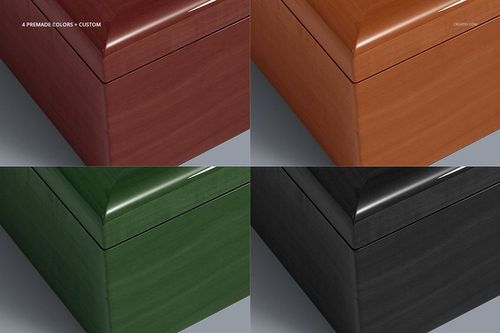 PSD mockup showing four wood jewelry box variants with glossy ceramic tiles in different colors, viewed from the side.