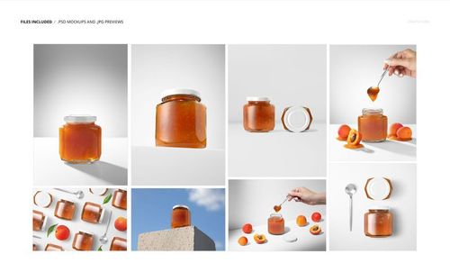 Apricot jam jar mockup set featuring glass jars filled with orange jam, shown from various angles on white backgrounds.