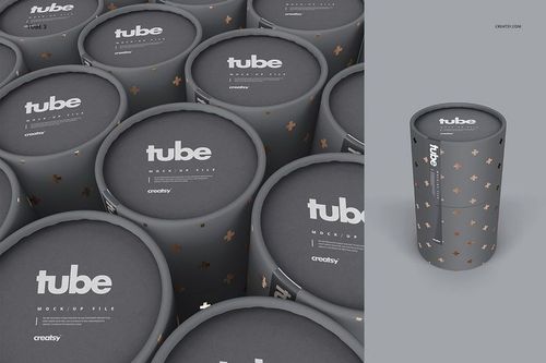 PSD mockup featuring a group of round paper tubes with matte gray finish and scattered metallic cross motifs.