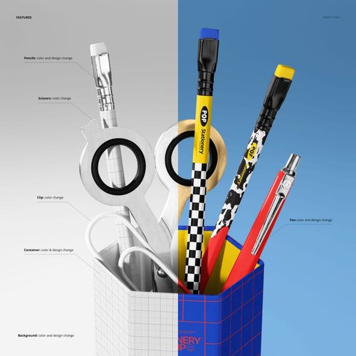 Stationery PSD mockup showing a pencil container filled with assorted pencils, scissors, pen, and clip on a divided background.