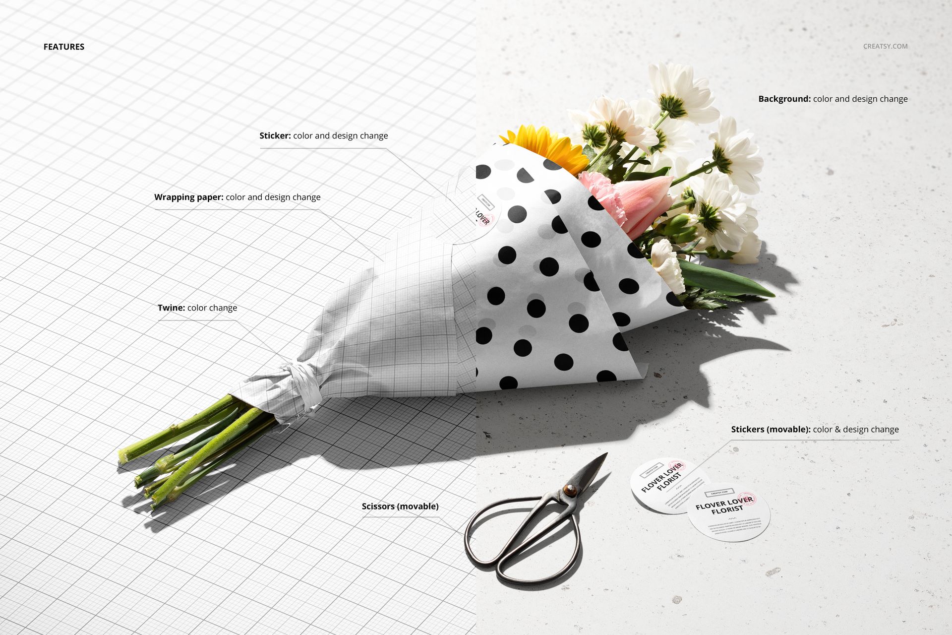 PSD mockup featuring flowers packaged in patterned paper, accompanied by scissors and round sticker options on a white grid.