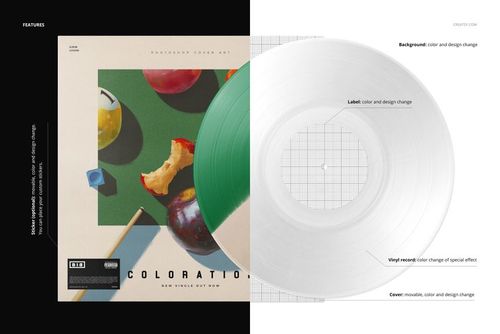 Top view of a vinyl record and cover mockup featuring a green record partially over colorful fruit artwork.