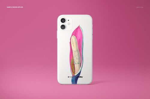 Clear iPhone 11 case mockup with a colorful botanical illustration, shown from the back on a solid pink background.