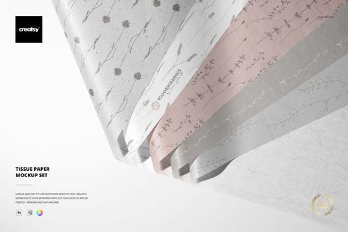 Stack of tissue papers in soft neutral tones with delicate floral patterns, shown in an angled top view mockup scene.