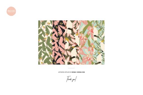 PSD mockup featuring three vertically hanging fabrics with floral and bird motifs in green, pink, and beige tones.