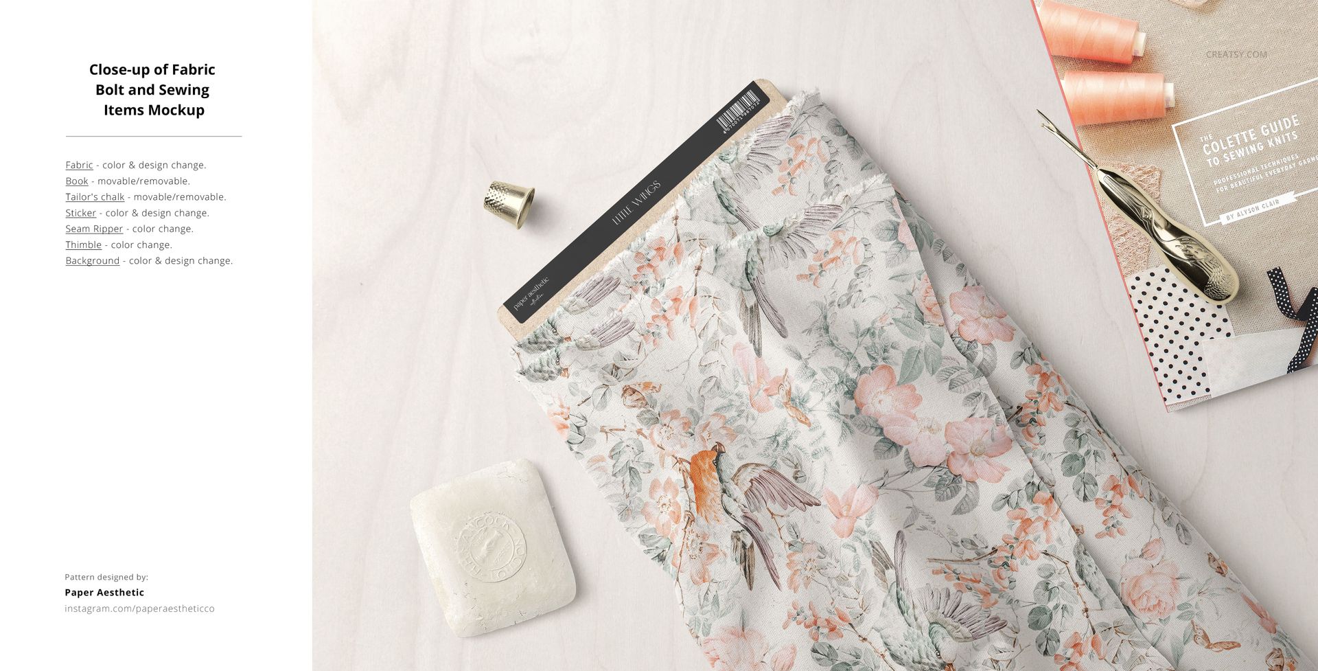 Fabric mockup featuring a bolt of patterned textile with pastel flowers and birds, shown with sewing tools nearby.