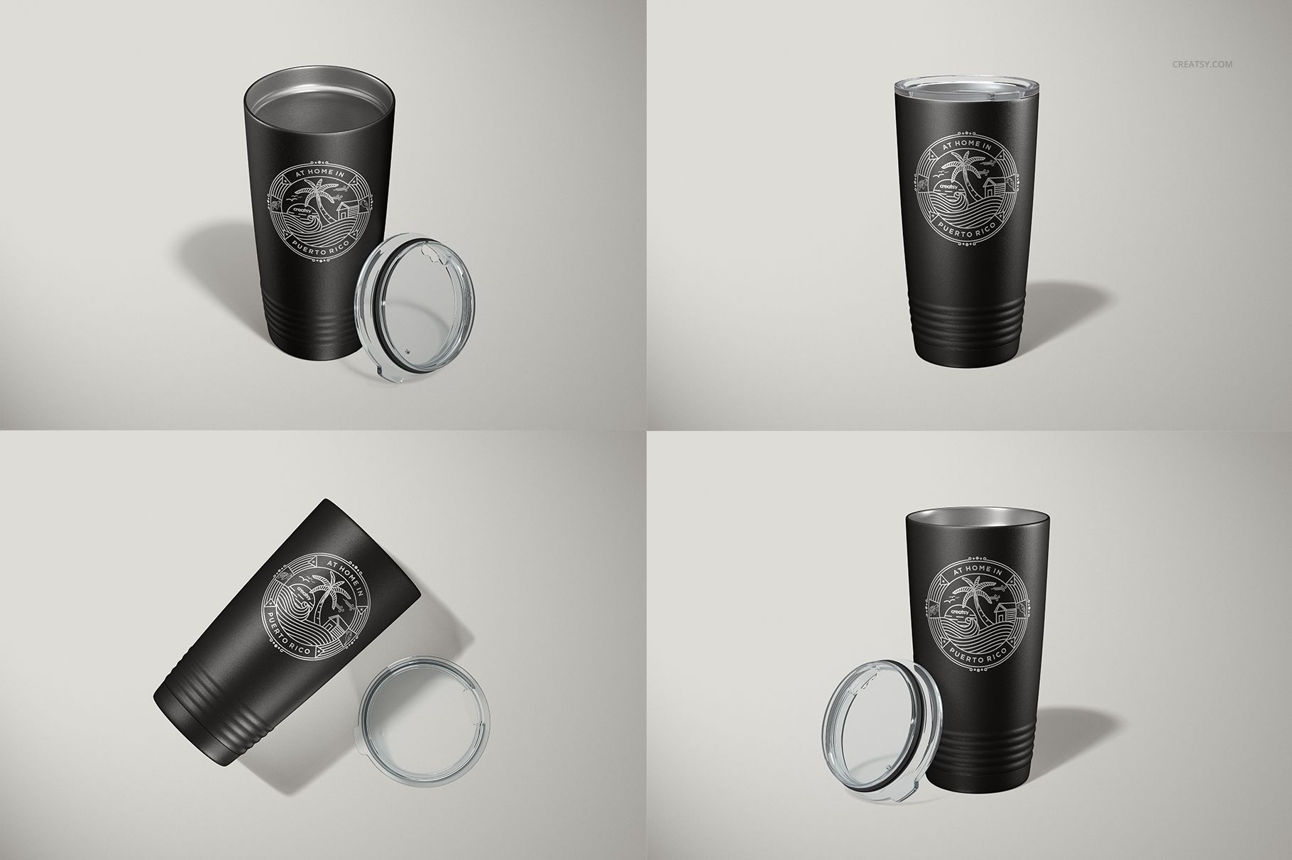 Set of four stainless steel tumblers shown from various angles, each with a black matte finish and clear lids beside them.