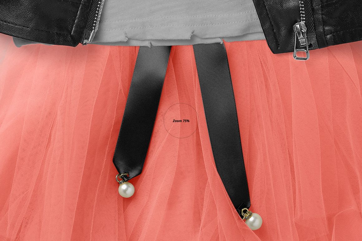 Girls chic set PSD mockup showing coral pink tulle skirt, black ribbons with pearls, and partial view of a jacket zipper.