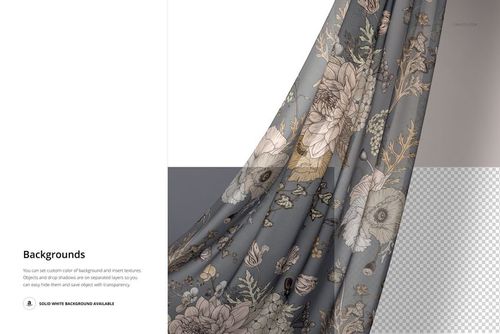 Front perspective of a draped chiffon silk scarf mockup featuring intricate botanical designs on a soft gray background.