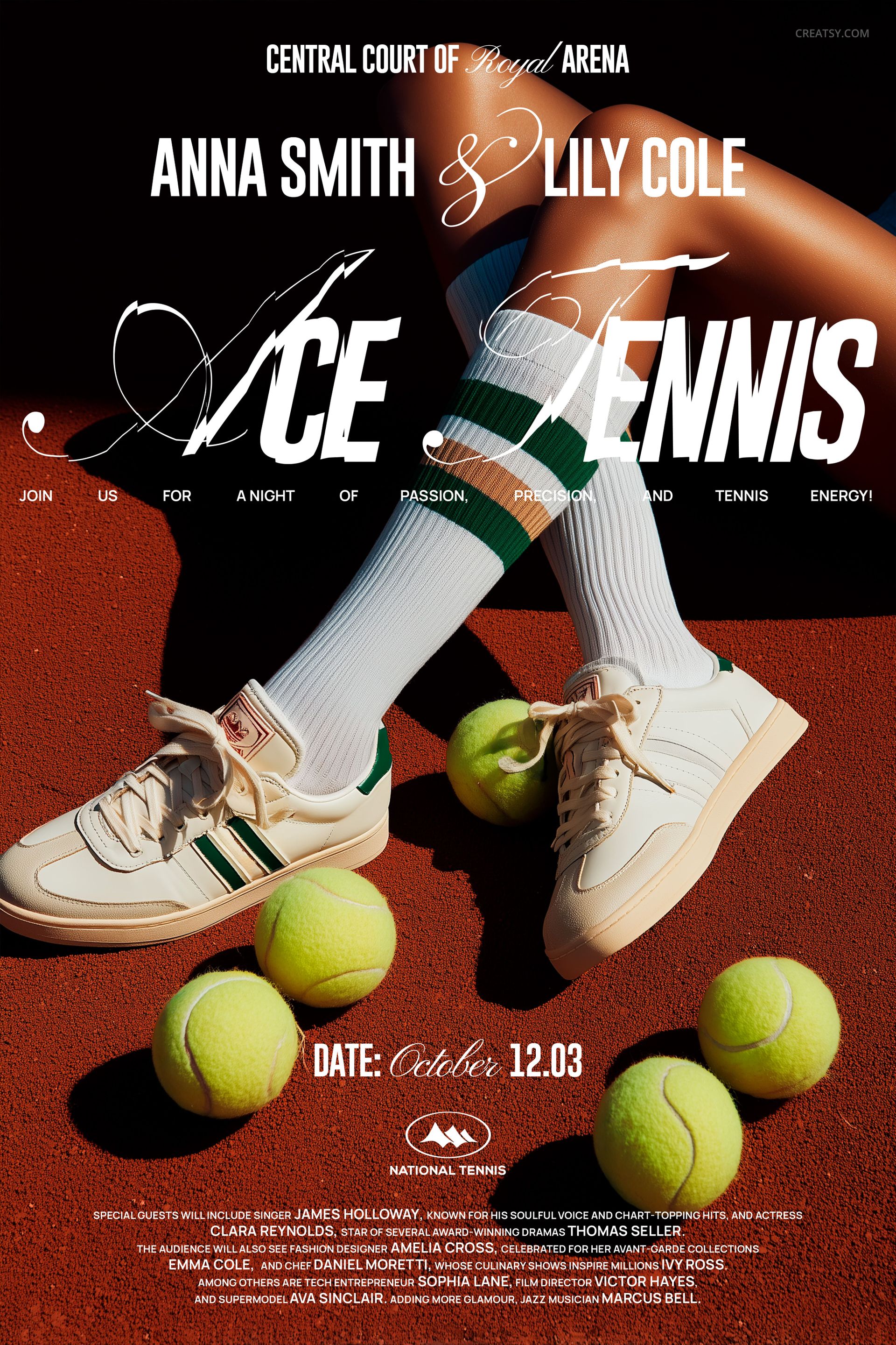 Tennis poster mockup with close-up of legs in striped socks, white shoes, and scattered tennis balls on a clay surface.