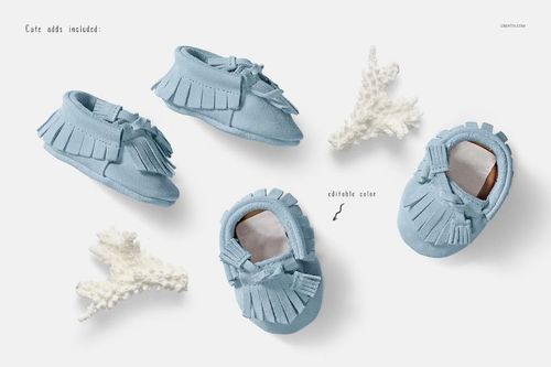 Baby leggings mockup featuring blue moccasin-style shoes with fringe details arranged on a white background.
