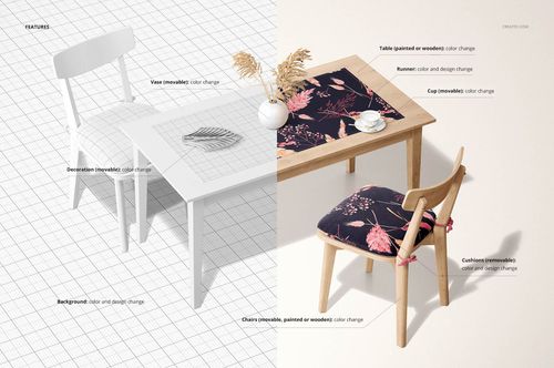 Table runner mockup featuring two dining table setups, one in white with a vase and one in wood with a dark floral runner and matching cushion.