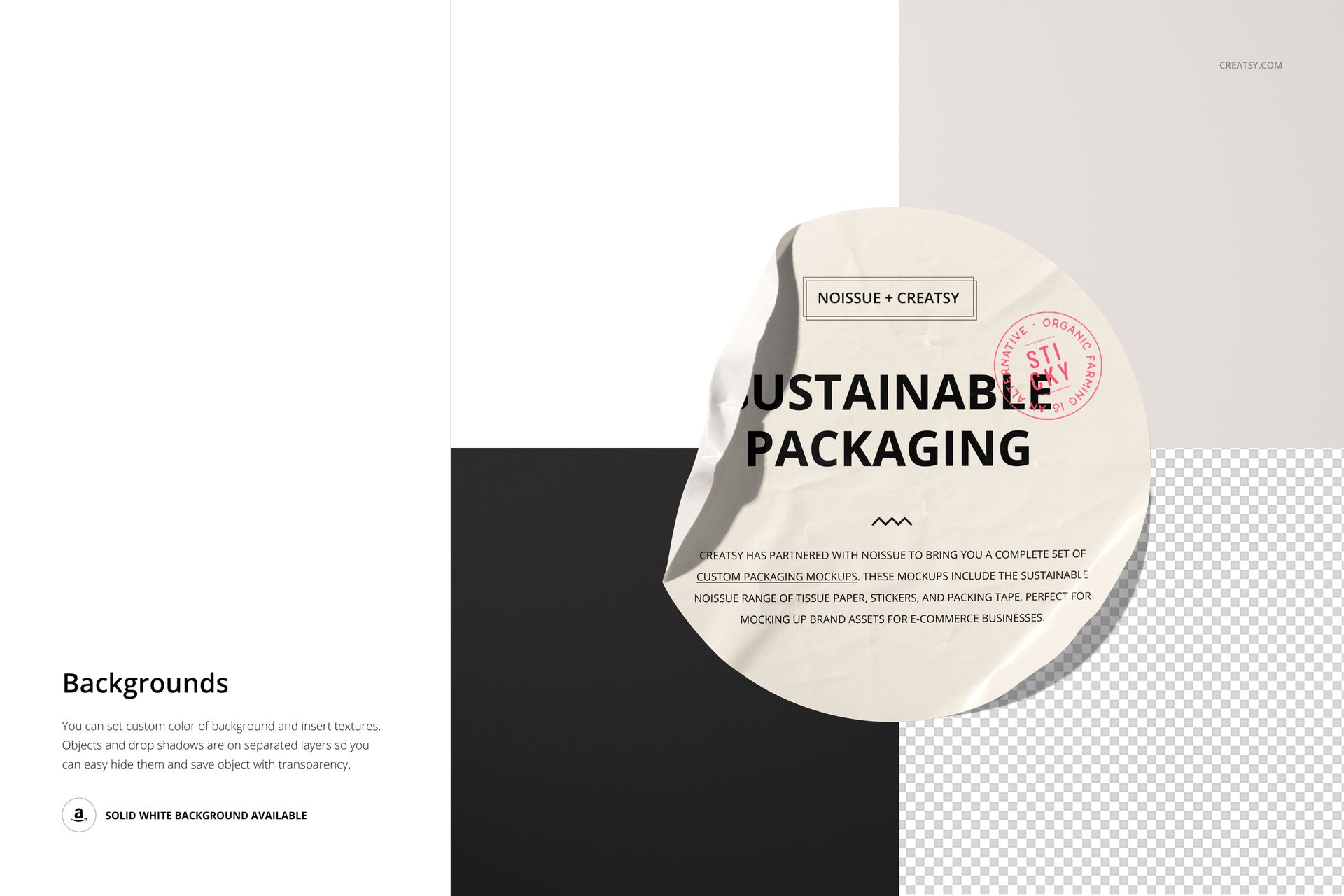 Round crumpled sticker mockup displayed on a geometric background with white, gray, black, and transparent sections.