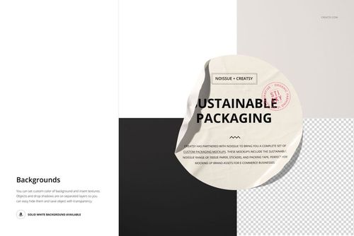 Round crumpled sticker mockup displayed on a geometric background with white, gray, black, and transparent sections.