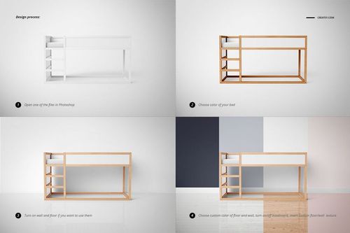 Kids bedroom mockup featuring a wooden bunk bed frame shown in four variations, each with different wall and floor colors.