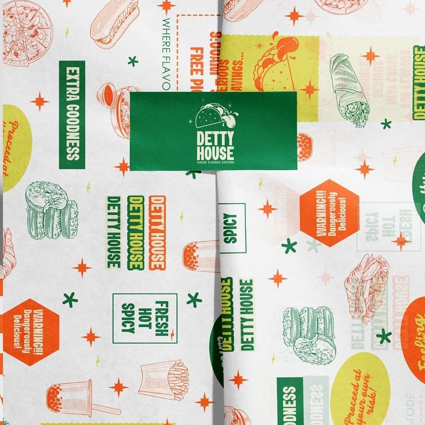 Wrapping paper mockup with colorful food illustrations, green sticker seal, and various text elements on a white background.