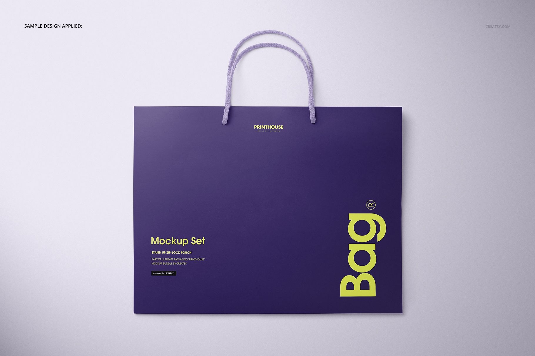 Front view of a eurotote bag mockup with purple background and light green text, featuring rope handles.