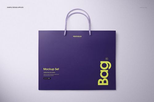 Front view of a eurotote bag mockup with purple background and light green text, featuring rope handles.