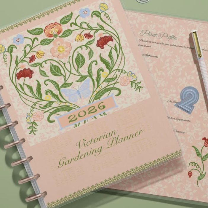 Top view of two spiral-bound planner mockups on a pink patterned surface, featuring floral illustrations and decorative text.