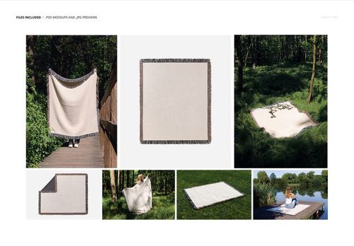 Woven throw blanket with fringed edges displayed in various outdoor settings and studio views, mockup set.