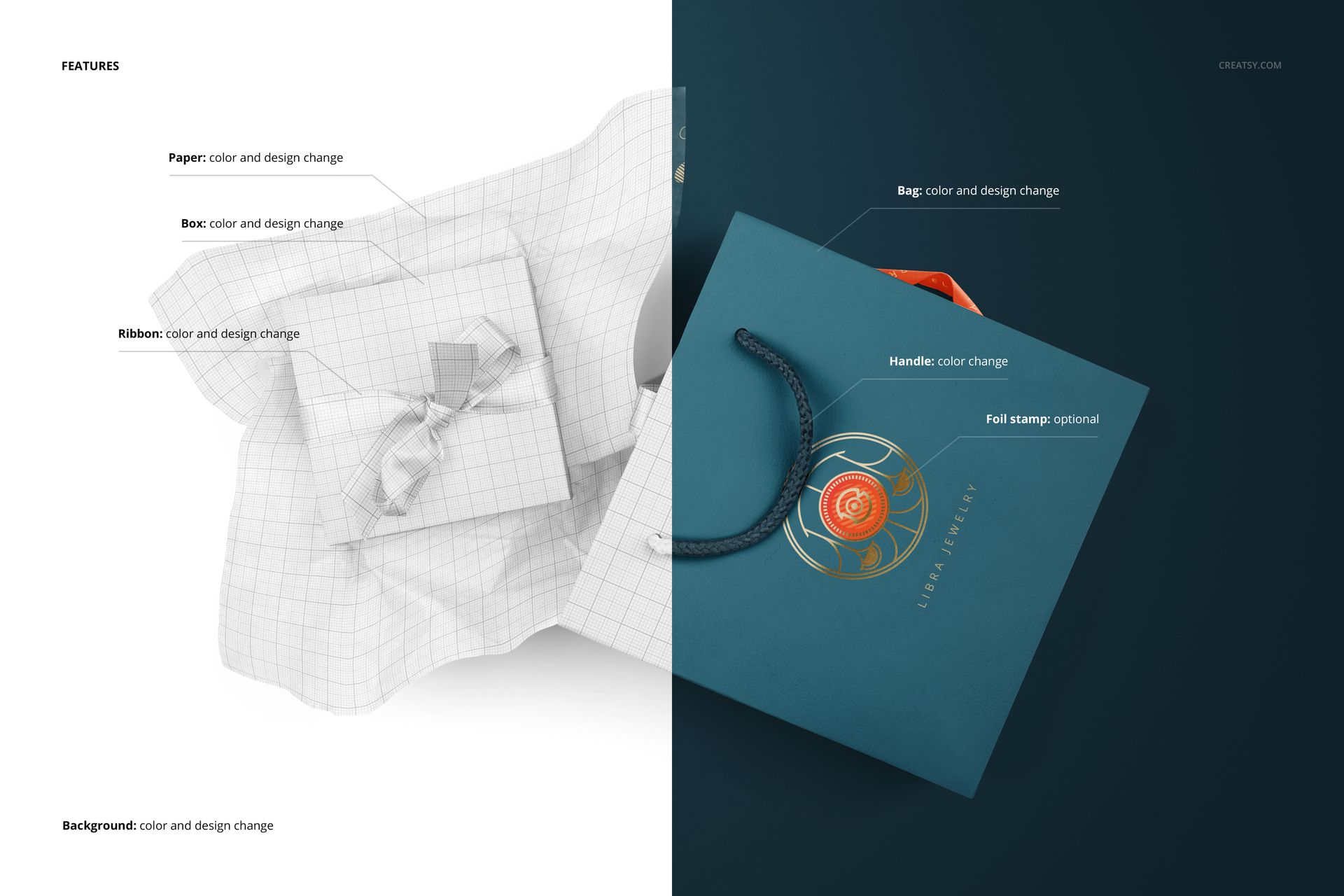 Jewelry box wrapped in patterned tissue paper with ribbon beside a teal gift bag, shown in a split scene mockup.