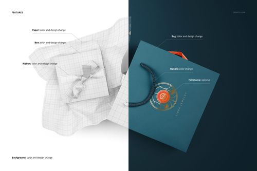 Jewelry box wrapped in patterned tissue paper with ribbon beside a teal gift bag, shown in a split scene mockup.