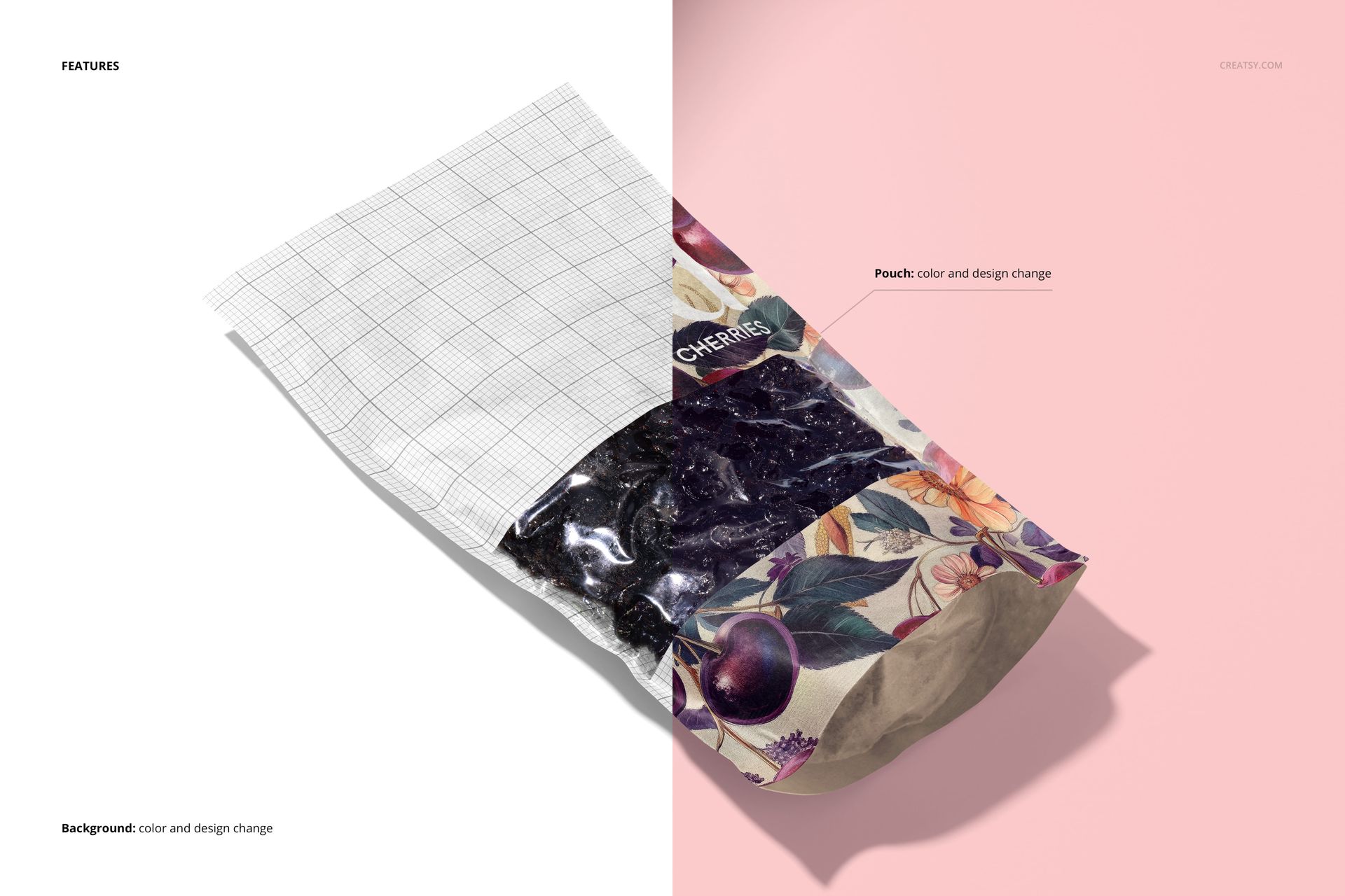 Paper pouch mockup for dried cherries, featuring a floral design and transparent window, shown on a split background.